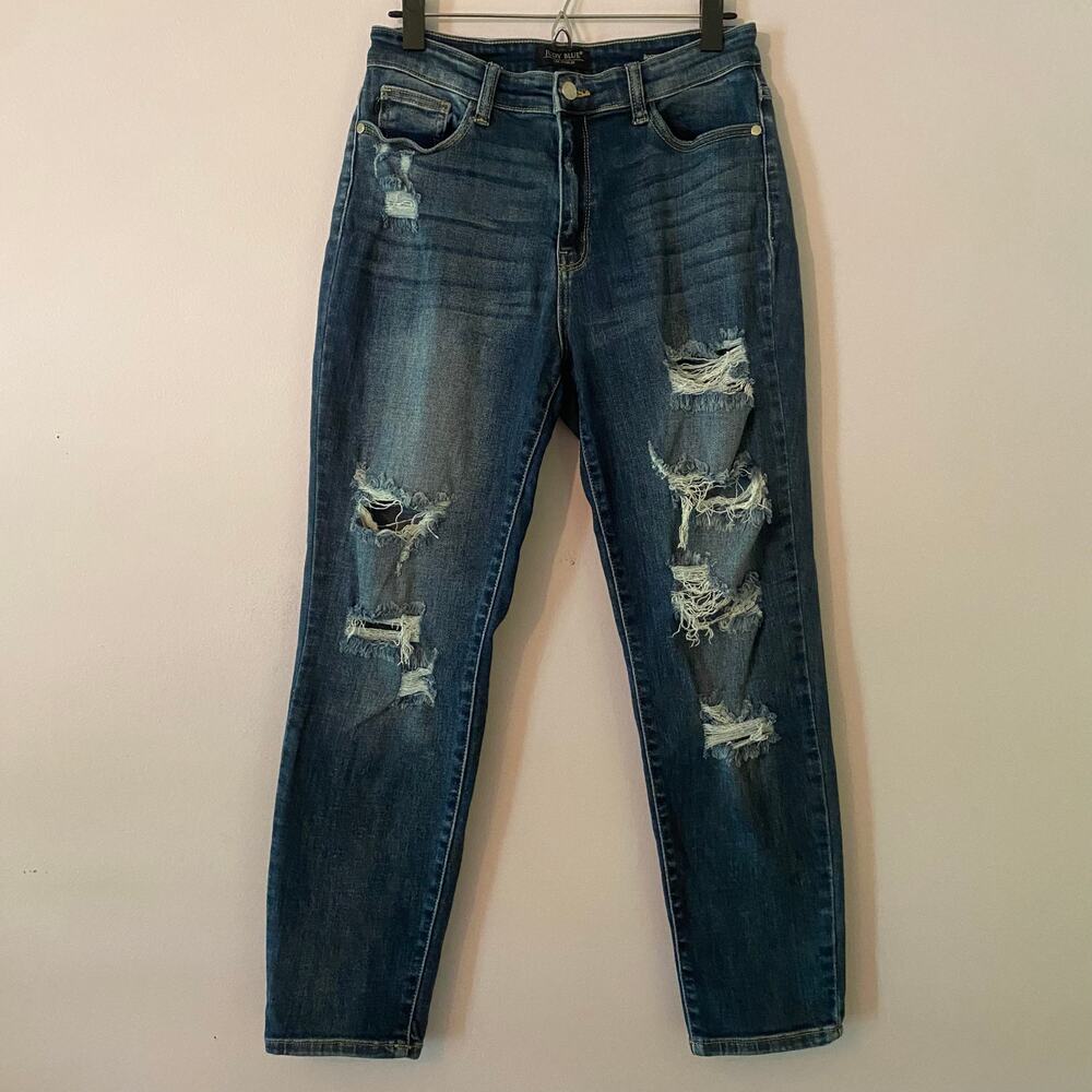 Judy Blue Boyfriend Fit Dark Wash Distressed Jeans High Rise Women's size 7 / 28